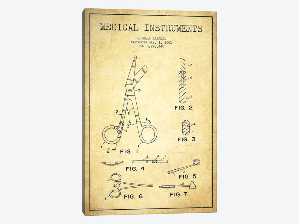 Medical Instruments Vintage Patent Blueprint by Aged Pixel 1-piece Canvas Artwork
