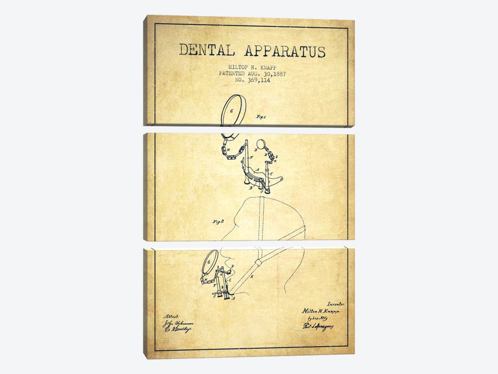 Dental Apparatus Vintage Patent Blueprint by Aged Pixel 3-piece Canvas Art Print
