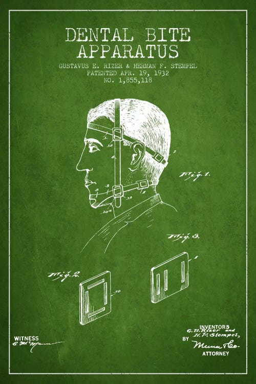 Dental Bite Green Patent Blueprint by Aged Pixel wall art