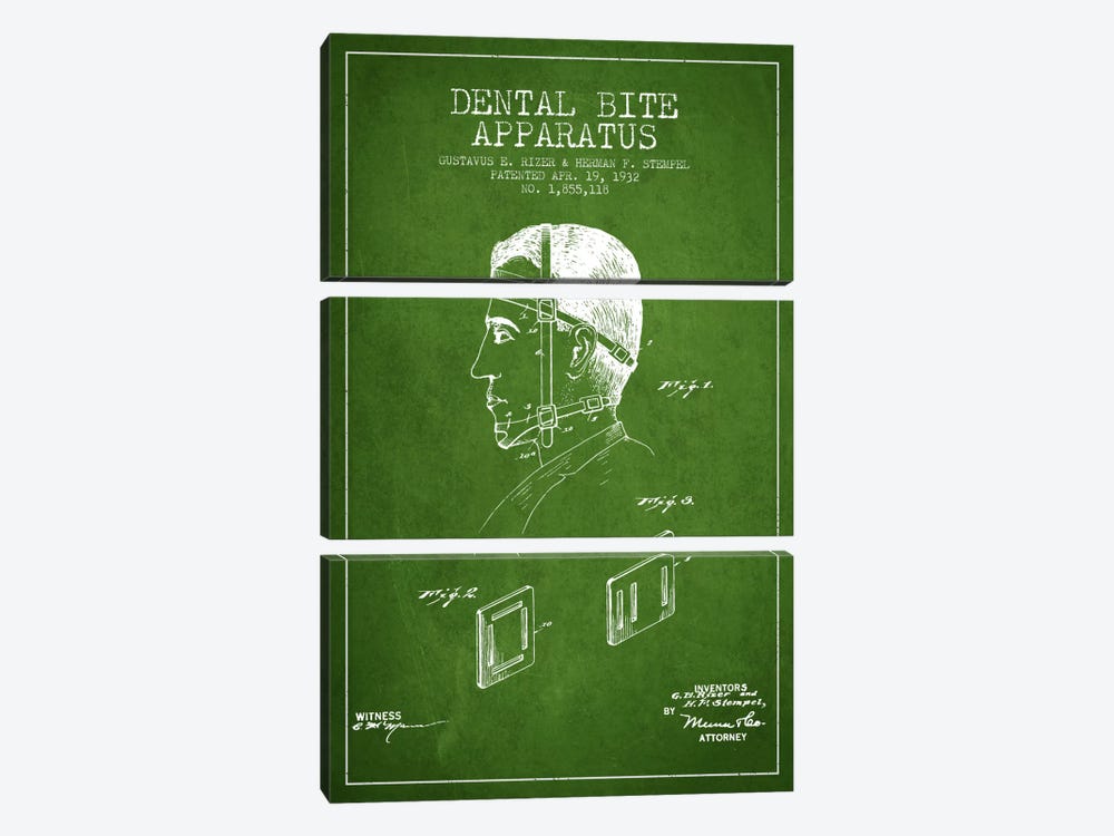 Dental Bite Green Patent Blueprint by Aged Pixel 3-piece Canvas Art