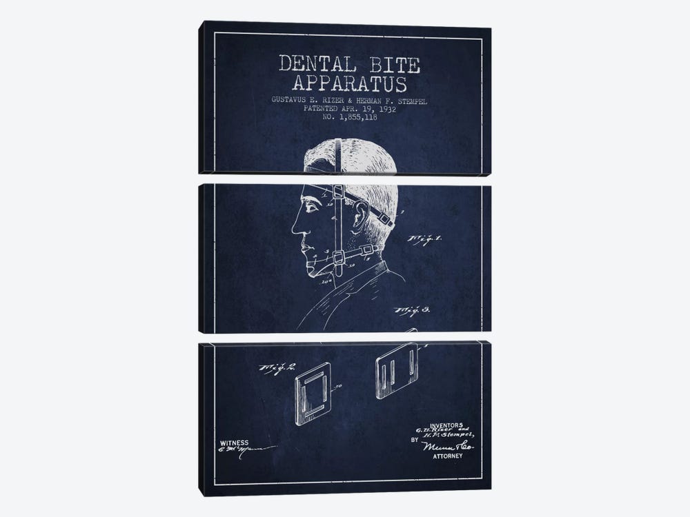Dental Bite Navy Blue Patent Blueprint by Aged Pixel 3-piece Art Print