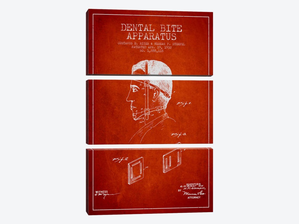 Dental Bite Red Patent Blueprint by Aged Pixel 3-piece Canvas Wall Art
