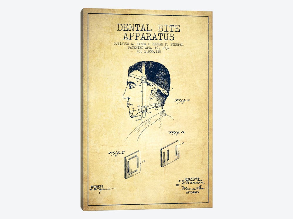 Dental Bite Vintage Patent Blueprint by Aged Pixel 1-piece Canvas Art Print