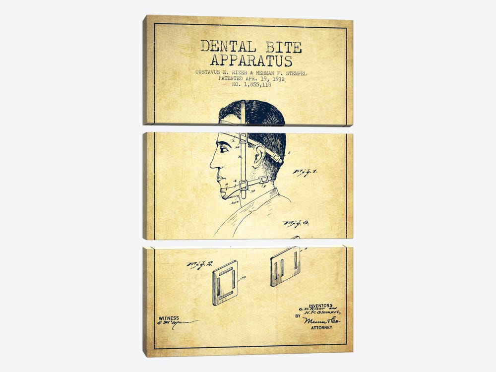 Dental Bite Vintage Patent Blueprint by Aged Pixel 3-piece Canvas Art Print