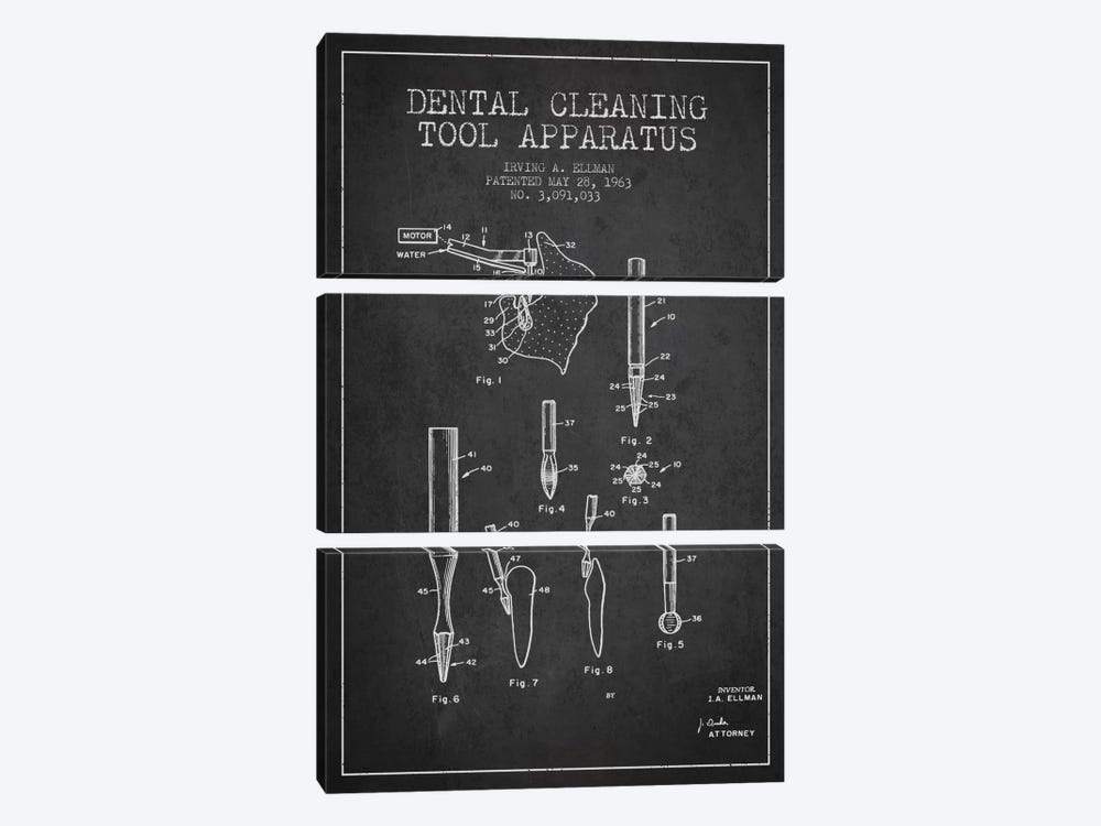 Dental Cleaning Tool Charcoal Patent Blueprint by Aged Pixel 3-piece Canvas Artwork