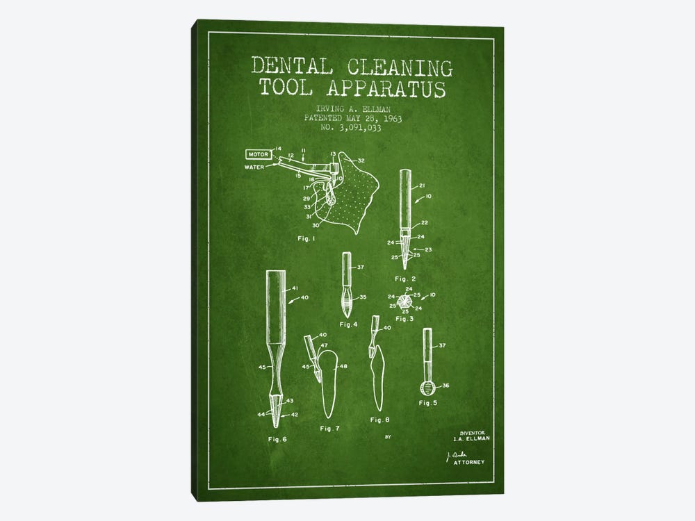 Dental Cleaning Tool Green Patent Blueprint by Aged Pixel 1-piece Canvas Print