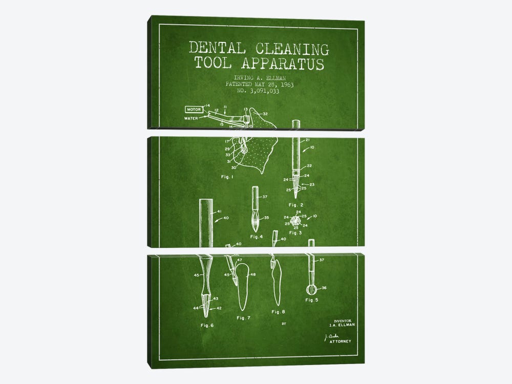 Dental Cleaning Tool Green Patent Blueprint by Aged Pixel 3-piece Canvas Print