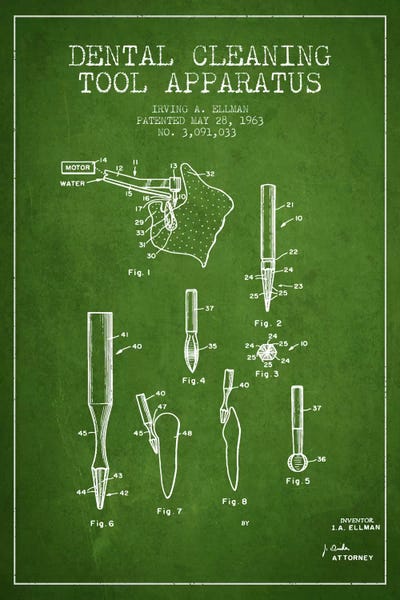 Medical & Dental Blueprints: Dental Cleaning Tool Green Patent Blueprint by Aged Pixel