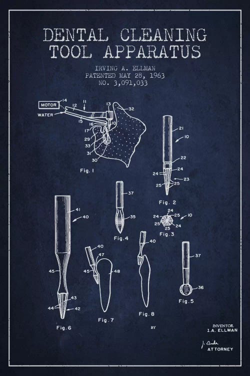 Dental Cleaning Tool Navy Blue Patent Blueprint by Aged Pixel wall art