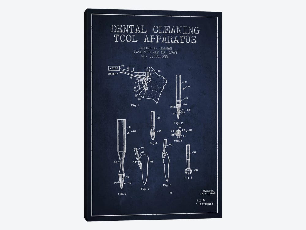 Dental Cleaning Tool Navy Blue Patent Blueprint by Aged Pixel 1-piece Canvas Art