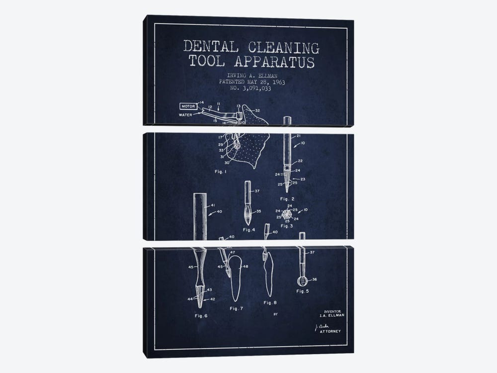 Dental Cleaning Tool Navy Blue Patent Blueprint by Aged Pixel 3-piece Canvas Artwork