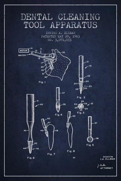 Medical & Dental Blueprints: Dental Cleaning Tool Navy Blue Patent Blueprint by Aged Pixel