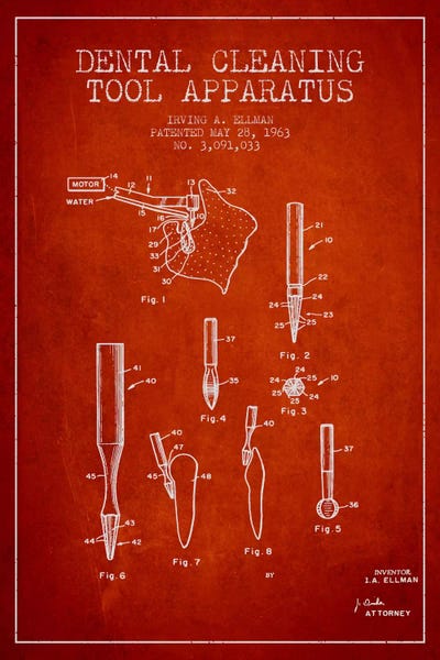 Dental Cleaning Tool Red Patent Blueprint by Aged Pixel canvas print