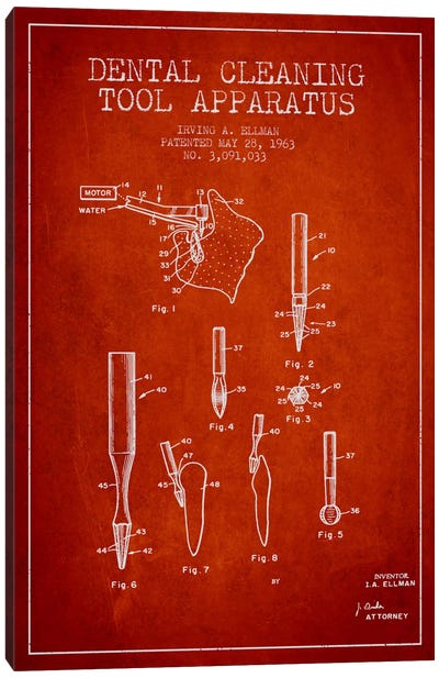 Dental Cleaning Tool Red Patent Blueprint Canvas Art Print - Aged Pixel: Medical & Dental