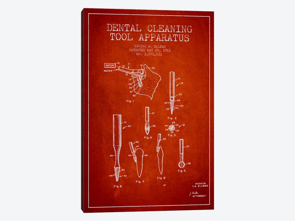 Dental Cleaning Tool Red Patent Blueprint by Aged Pixel 1-piece Canvas Print