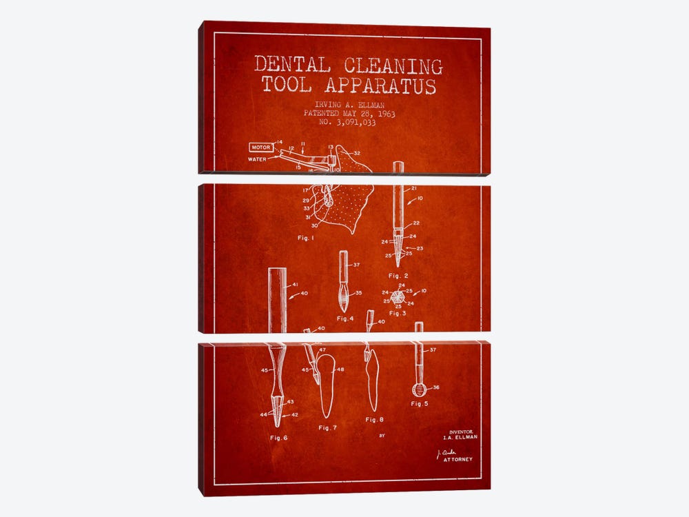 Dental Cleaning Tool Red Patent Blueprint by Aged Pixel 3-piece Canvas Print