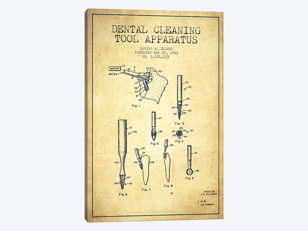 Dental Cleaning Tool Vintage Patent Blueprint by Aged Pixel 1-piece Canvas Wall Art