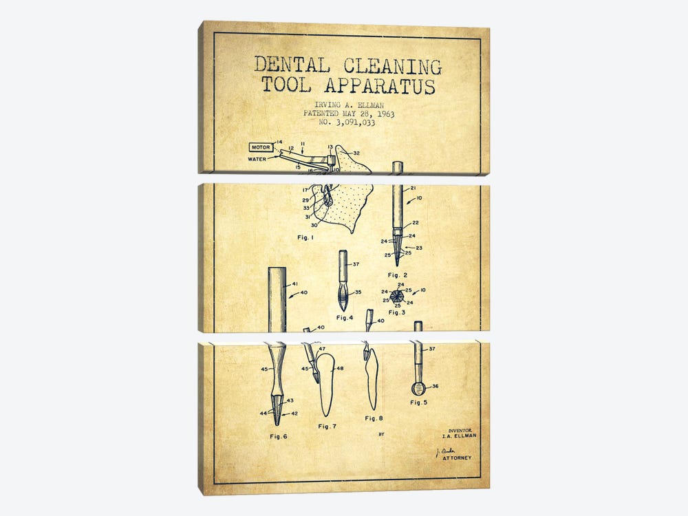 Dental Cleaning Tool Vintage Patent Blueprint by Aged Pixel 3-piece Canvas Artwork