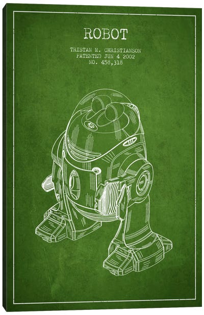 Robot Green Patent Blueprint Canvas Art Print - Robot Art