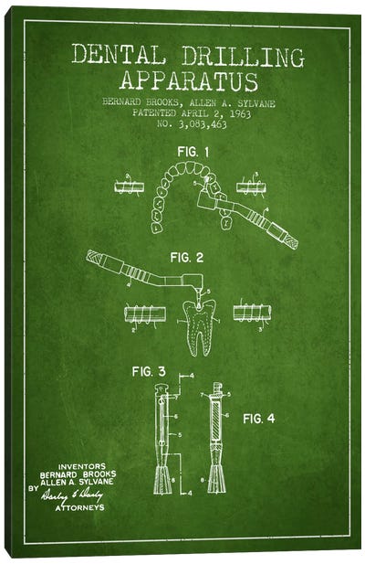 Dental Drilling Green Patent Blueprint Canvas Art Print - Medical & Dental Blueprints