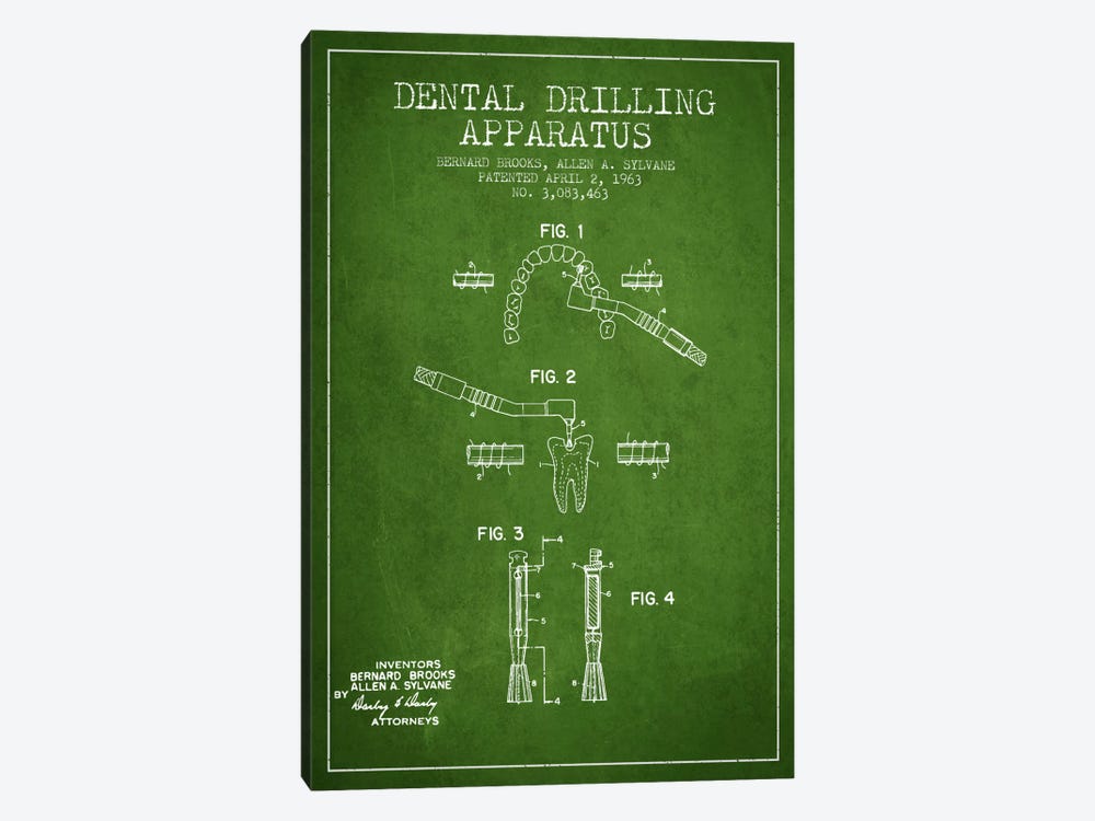Dental Drilling Green Patent Blueprint by Aged Pixel 1-piece Canvas Art Print