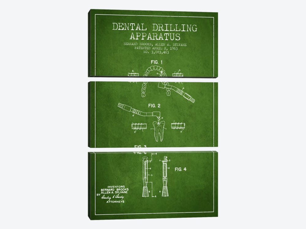 Dental Drilling Green Patent Blueprint by Aged Pixel 3-piece Art Print