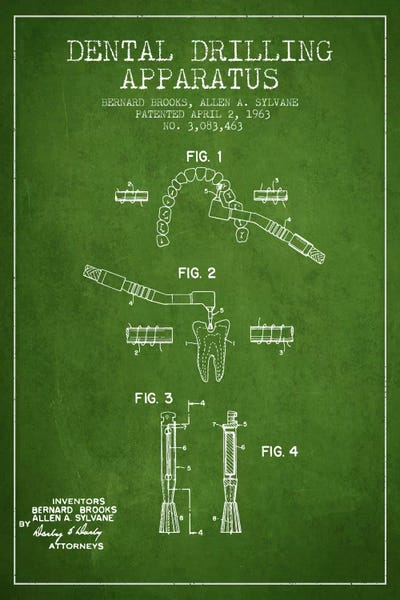 Medical & Dental Blueprints: Dental Drilling Green Patent Blueprint by Aged Pixel