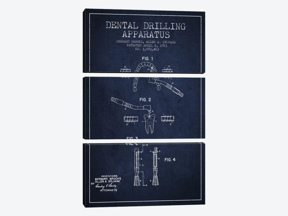 Dental Drilling Navy Blue Patent Blueprint by Aged Pixel 3-piece Canvas Wall Art