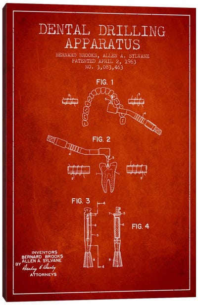 Dental Drilling Red Patent Blueprint Canvas Art Print - Aged Pixel: Medical & Dental
