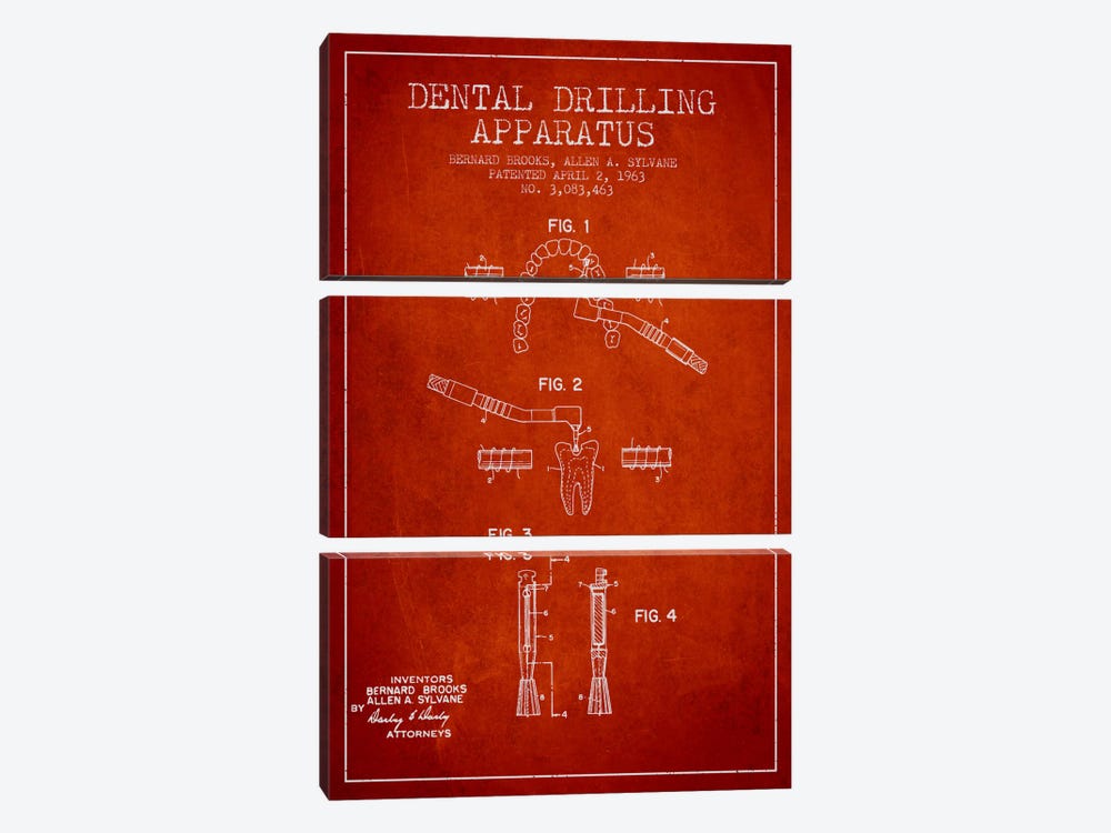 Dental Drilling Red Patent Blueprint by Aged Pixel 3-piece Canvas Print