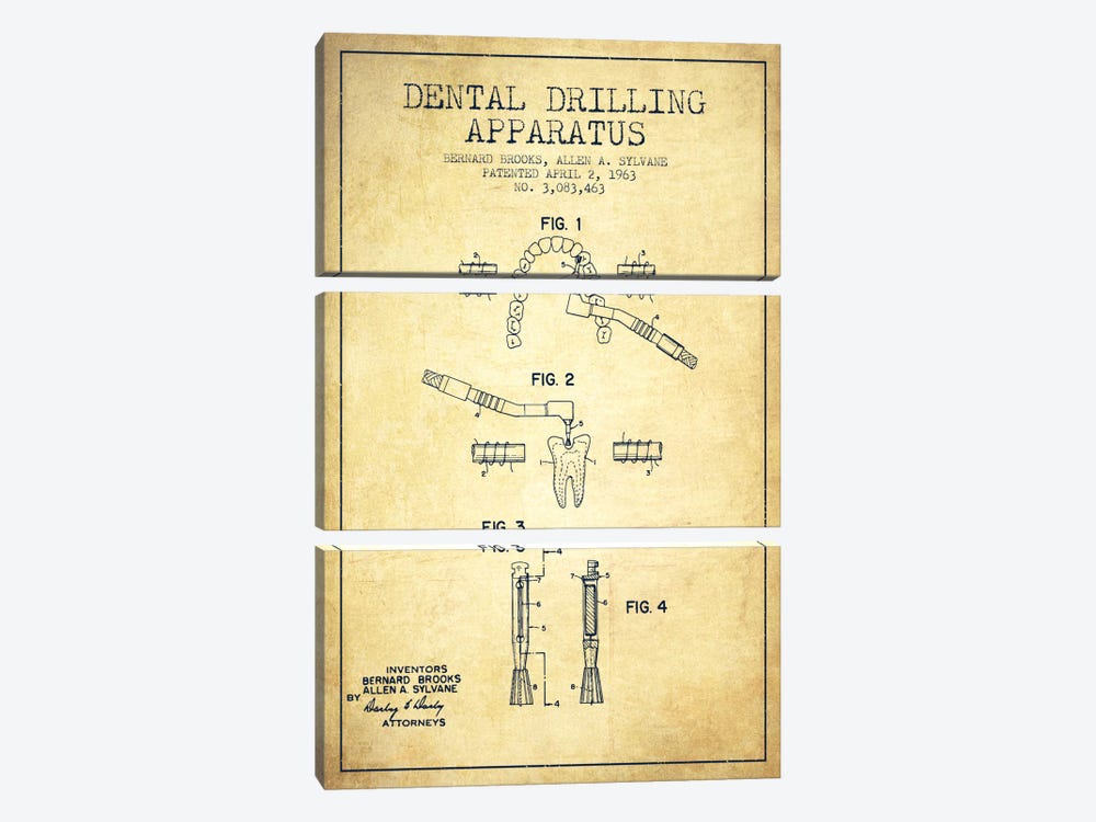 Dental Drilling Vintage Patent Blueprint by Aged Pixel 3-piece Canvas Art