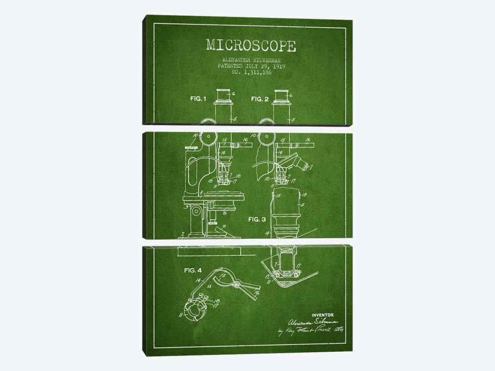 Microscope Green Patent Blueprint by Aged Pixel 3-piece Canvas Wall Art