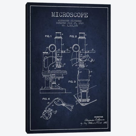Microscope Navy Blue Patent Blueprint Canvas Print #ADP1636} by Aged Pixel Canvas Wall Art