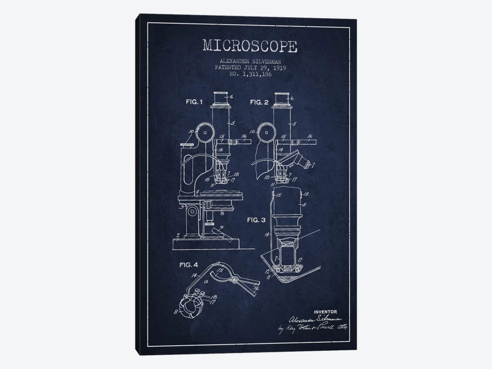 Microscope Navy Blue Patent Blueprint by Aged Pixel 1-piece Canvas Art Print