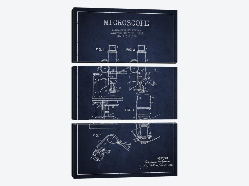Microscope Navy Blue Patent Blueprint 3-piece Canvas Print