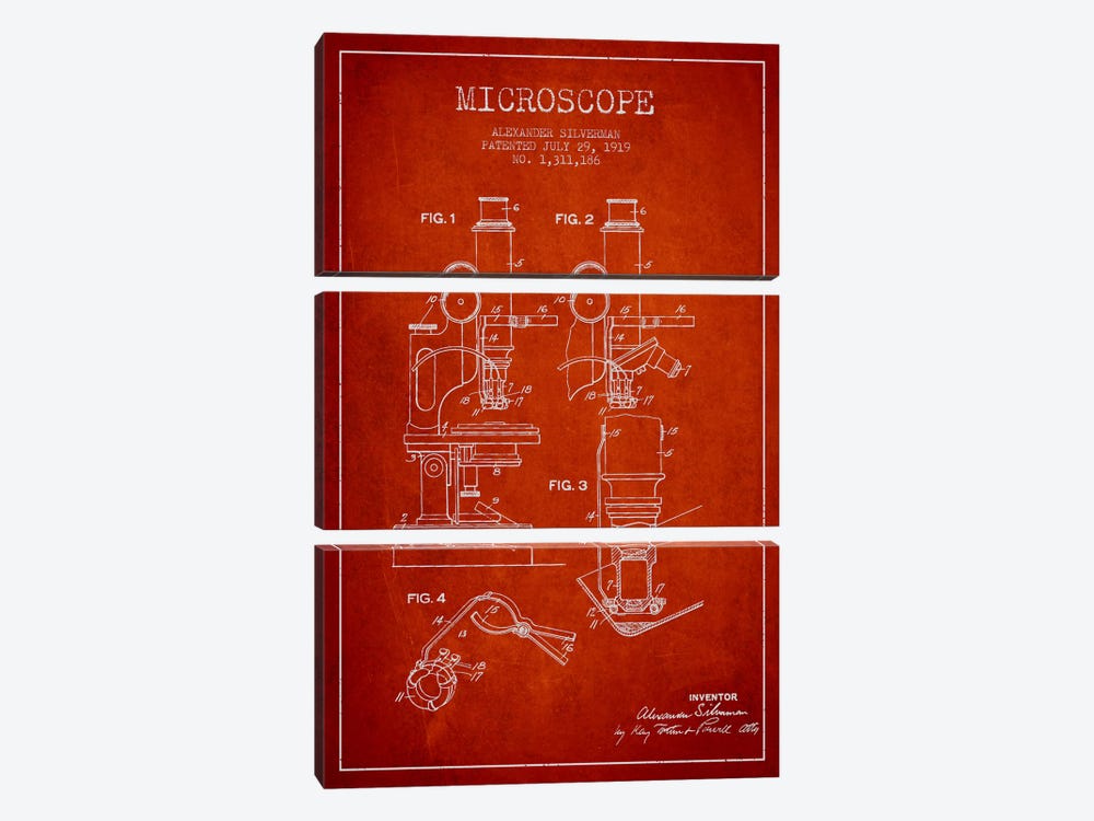 Microscope Red Patent Blueprint by Aged Pixel 3-piece Canvas Art