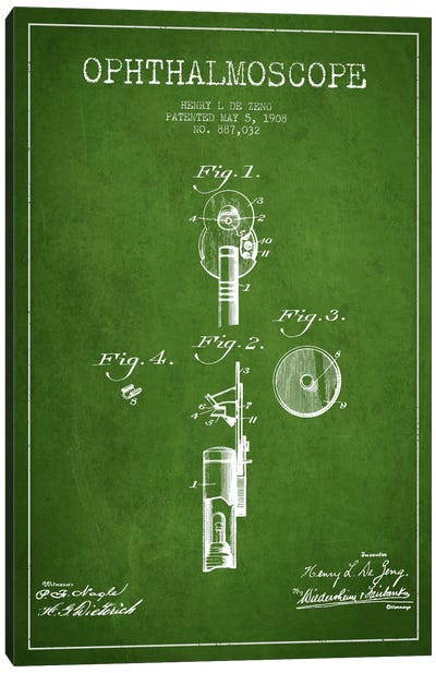 Ophthalmoscope Green Patent Blueprint Canvas Art Print - Medical & Dental Blueprints
