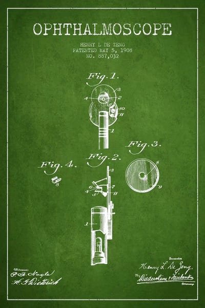 Medical & Dental Blueprints: Ophthalmoscope Green Patent Blueprint by Aged Pixel