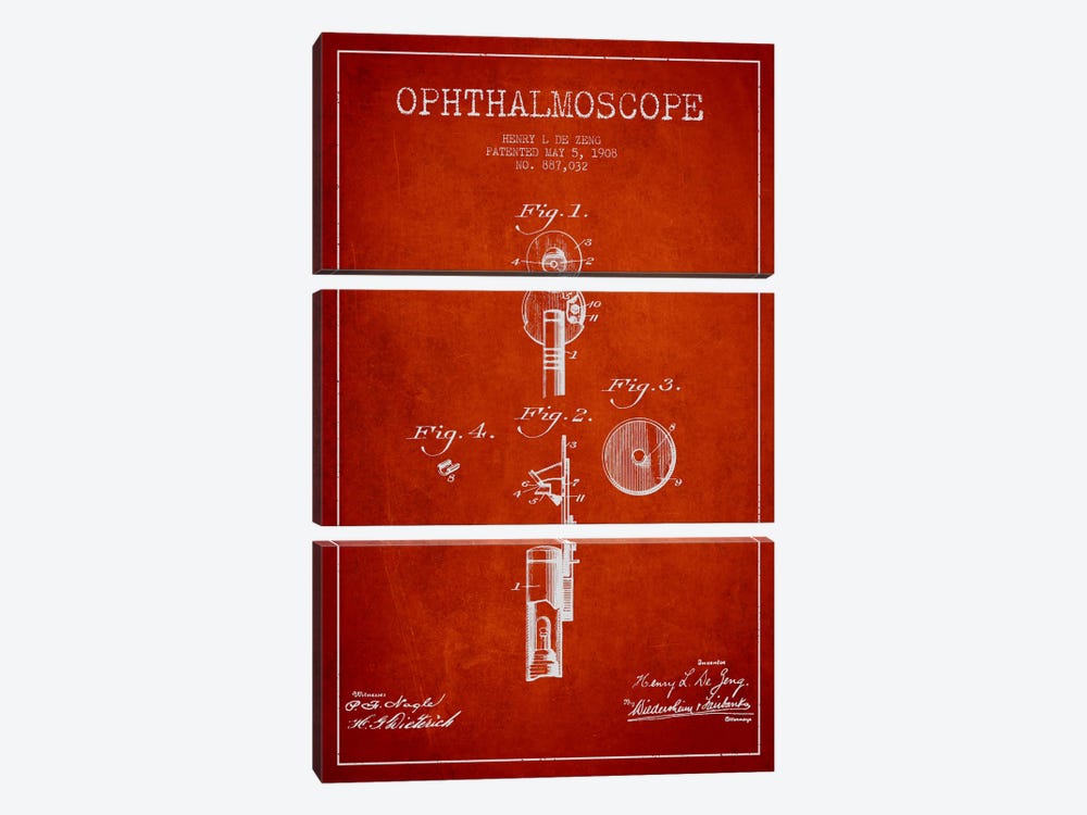 Ophthalmoscope Red Patent Blueprint by Aged Pixel 3-piece Canvas Wall Art