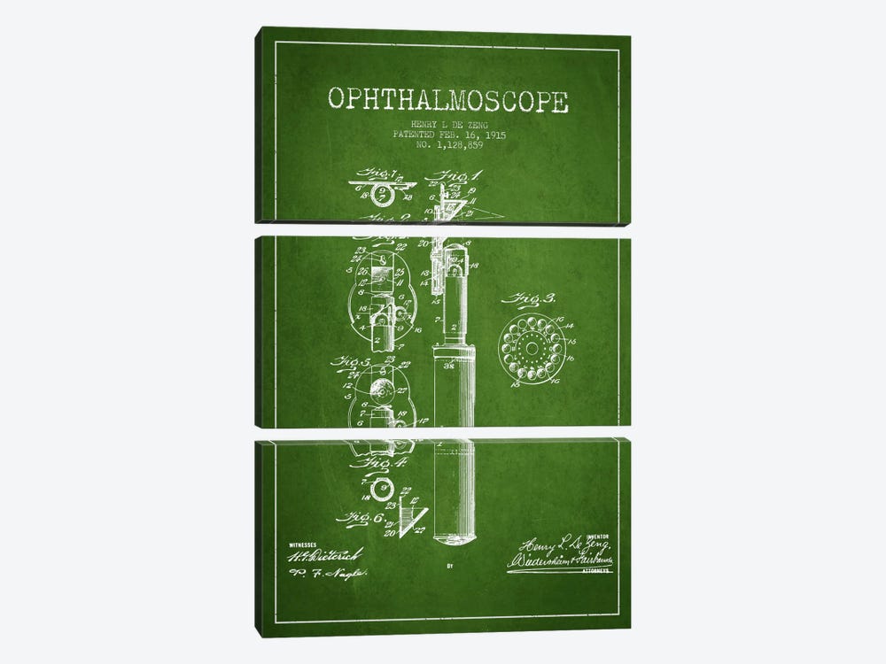 Ophthalmoscope Green Patent Blueprint by Aged Pixel 3-piece Canvas Art Print