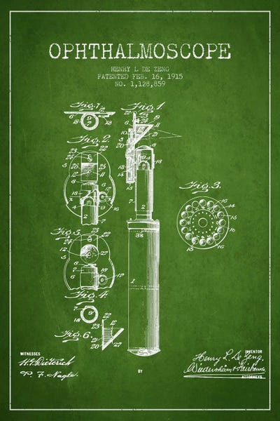Medical & Dental Blueprints: Ophthalmoscope Green Patent Blueprint by Aged Pixel