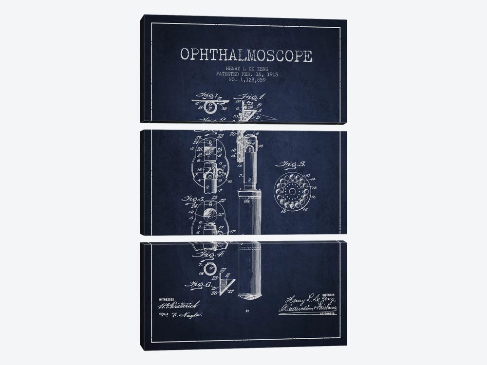 Ophthalmoscope Navy Blue Patent Blueprint by Aged Pixel 3-piece Canvas Wall Art