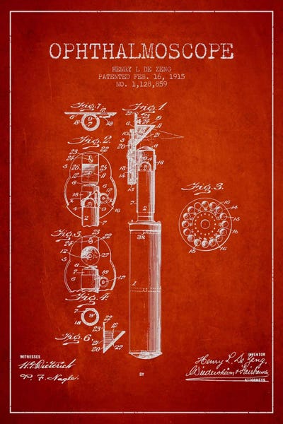 Medical & Dental Blueprints: Ophthalmoscope Red Patent Blueprint by Aged Pixel