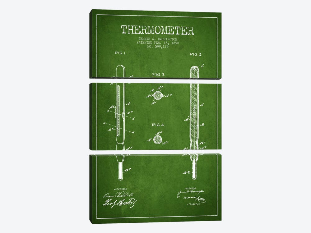 Thermometer Green Patent Blueprint by Aged Pixel 3-piece Canvas Art Print