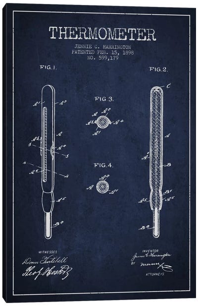 Thermometer Navy Blue Patent Blueprint Canvas Art Print - Aged Pixel: Medical & Dental