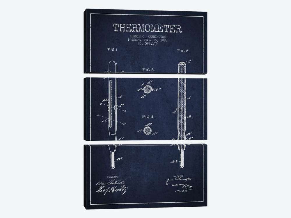 Thermometer Navy Blue Patent Blueprint 3-piece Canvas Art
