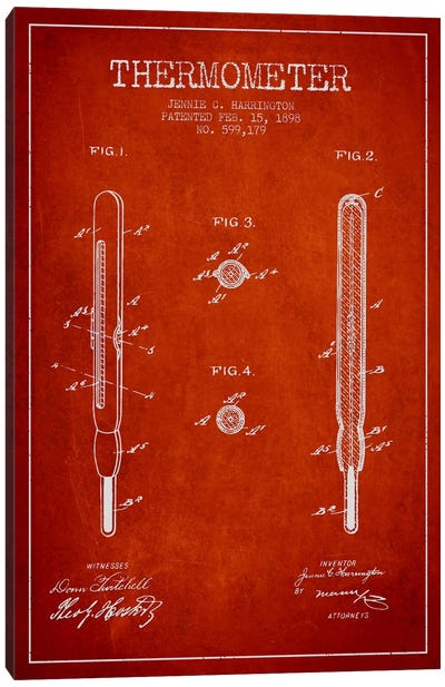 Thermometer Red Patent Blueprint Canvas Art Print - Medical & Dental Blueprints