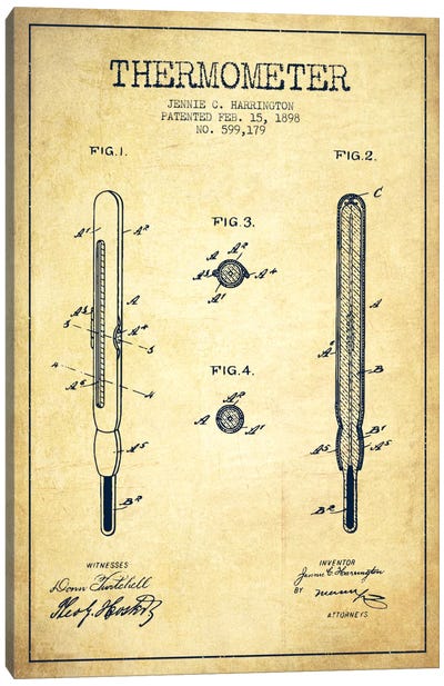 Thermometer Vintage Patent Blueprint Canvas Art Print - Aged Pixel: Medical & Dental