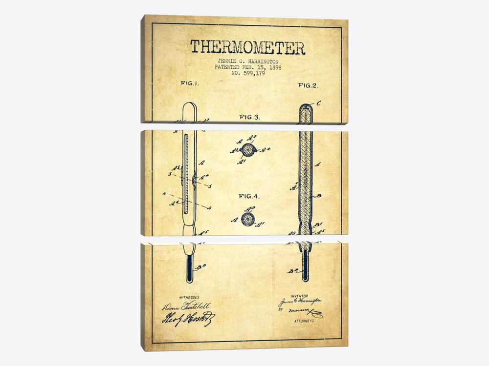 Thermometer Vintage Patent Blueprint by Aged Pixel 3-piece Canvas Artwork
