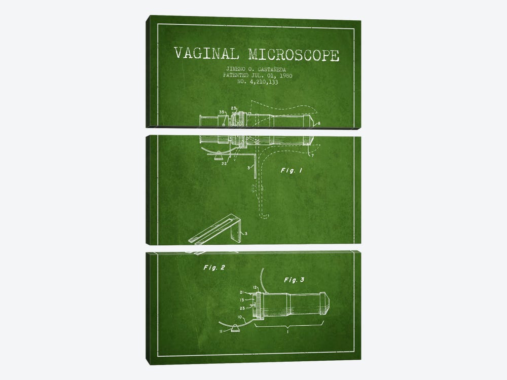 Vaginal Microscope Green Patent Blueprint by Aged Pixel 3-piece Canvas Artwork